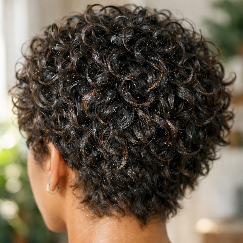 Defined curly hairstyle on short hair, showcasing natural bounce and shine.
