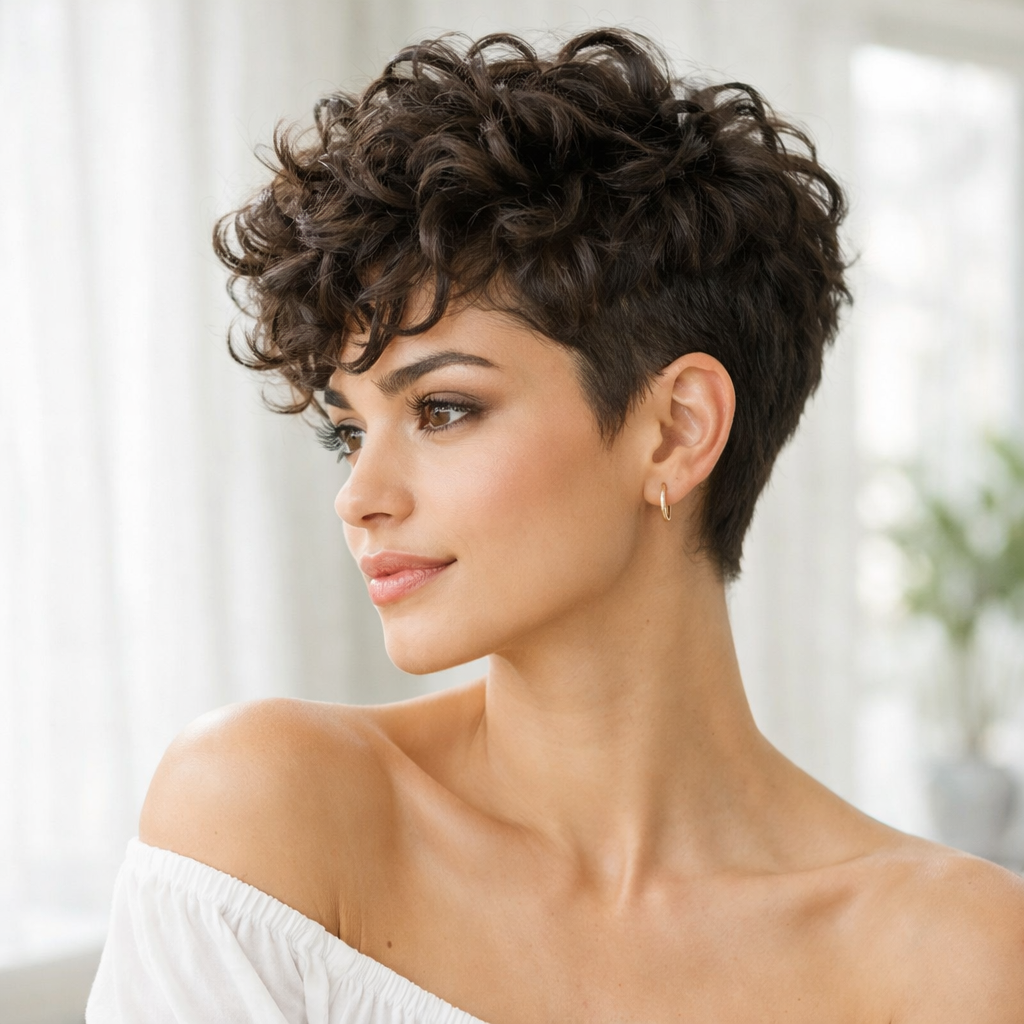 Model sporting a curly pixie hairstyle, showcasing defined curls and a sleek cut.
