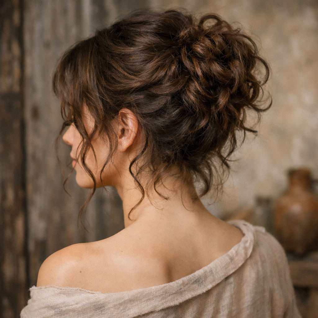 A woman with short curly hair styled in a messy updo, showcasing loose curls around the face.