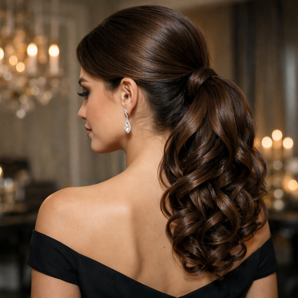 A woman with a sleek curly side ponytail, highlighting elegant earrings and a classy off-shoulder dress.