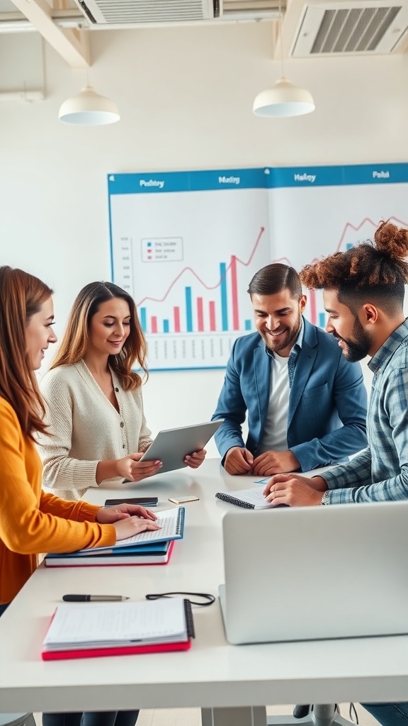 A group of professionals collaborating in a bright office setting, discussing strategies with a laptop and charts in the background.