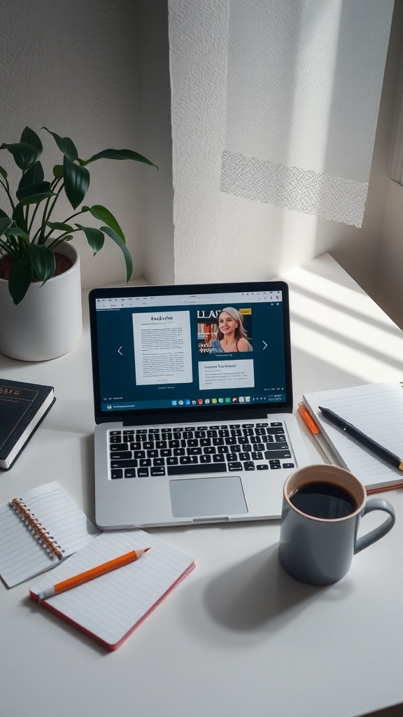 A laptop on a desk displaying a digital product draft, with notebooks, a coffee cup, and a plant nearby.