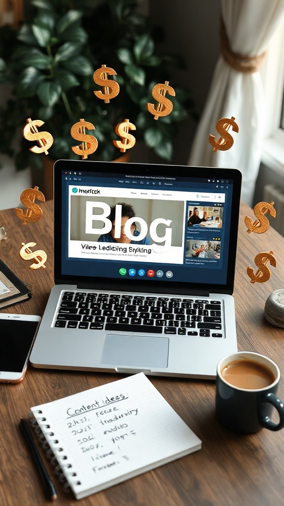 A laptop displaying a blog with dollar signs floating around, representing online monetization potential.