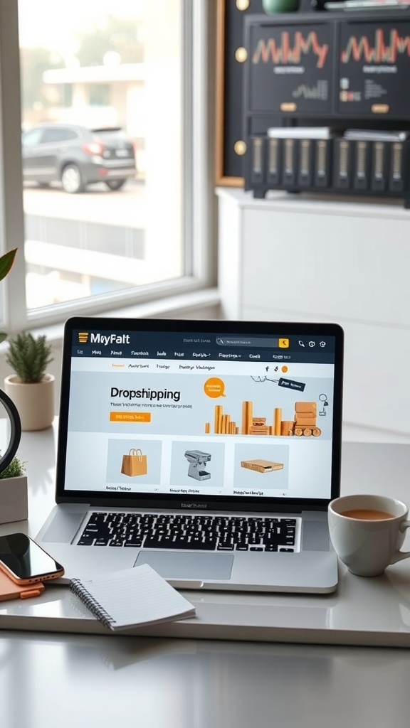 A laptop displaying a dropshipping store on a tidy desk with a cup of coffee and a notepad.