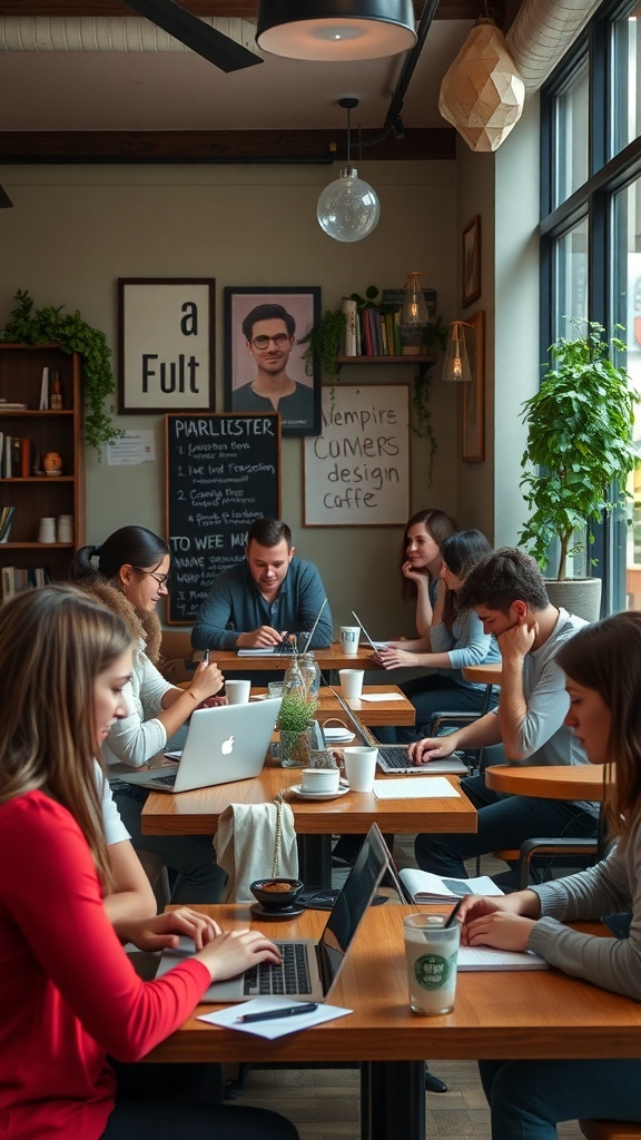 People working together in a café, focused on their laptops and notes, illustrating the gig economy lifestyle.