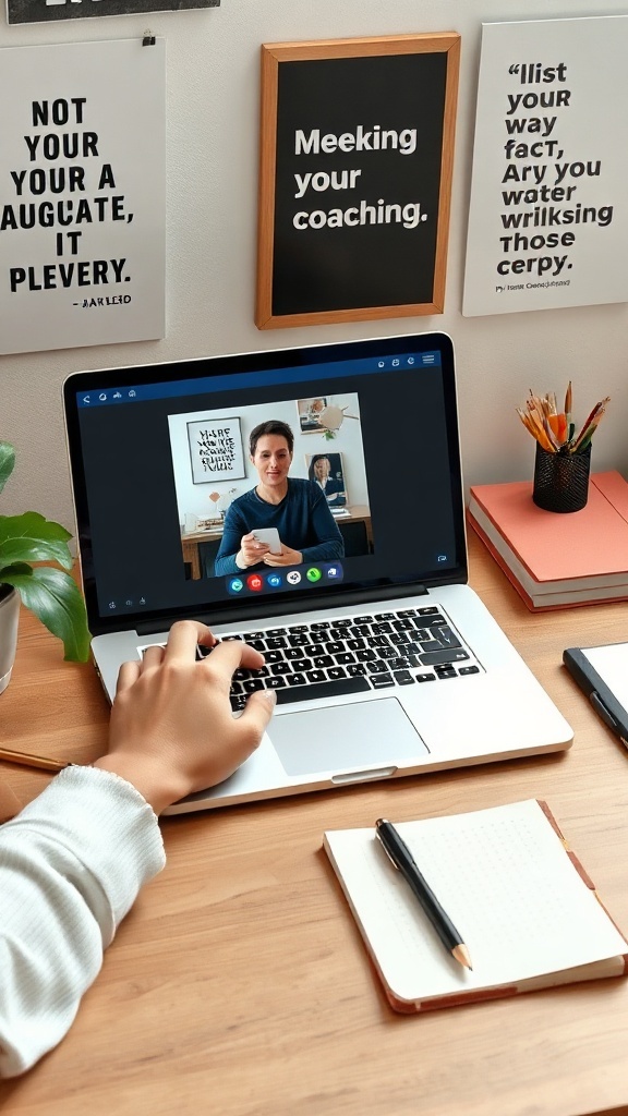 A person participating in an online coaching session on a laptop, with motivational quotes in the background.