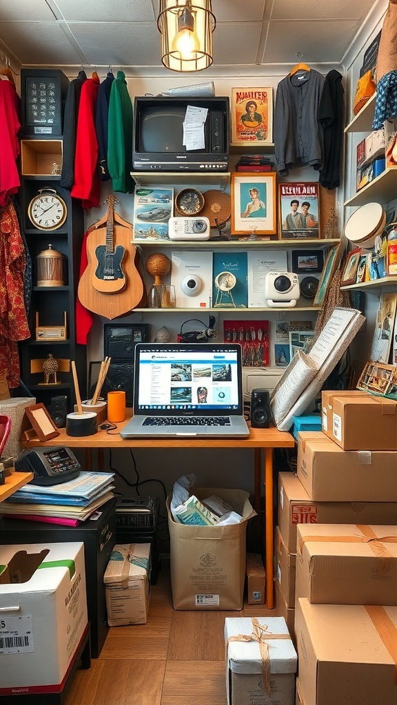 A cozy workspace filled with various items ready for reselling, including boxes, a laptop, and eclectic decor.