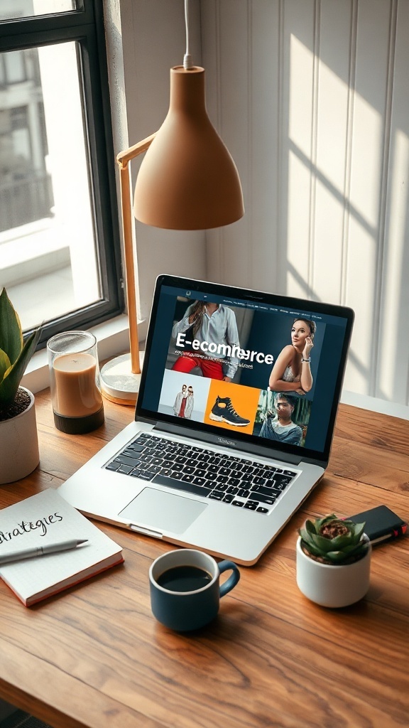A cozy workspace featuring a laptop displaying an e-commerce website, a notebook with notes, and a cup of coffee.