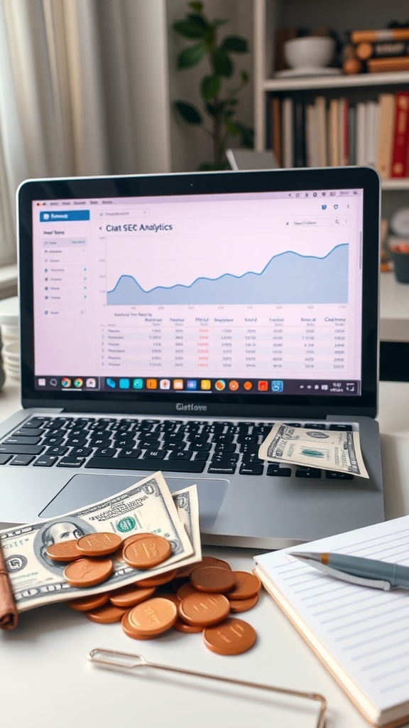 A laptop with analytics, money notes, and coins on a desk, illustrating the concept of earning money online.