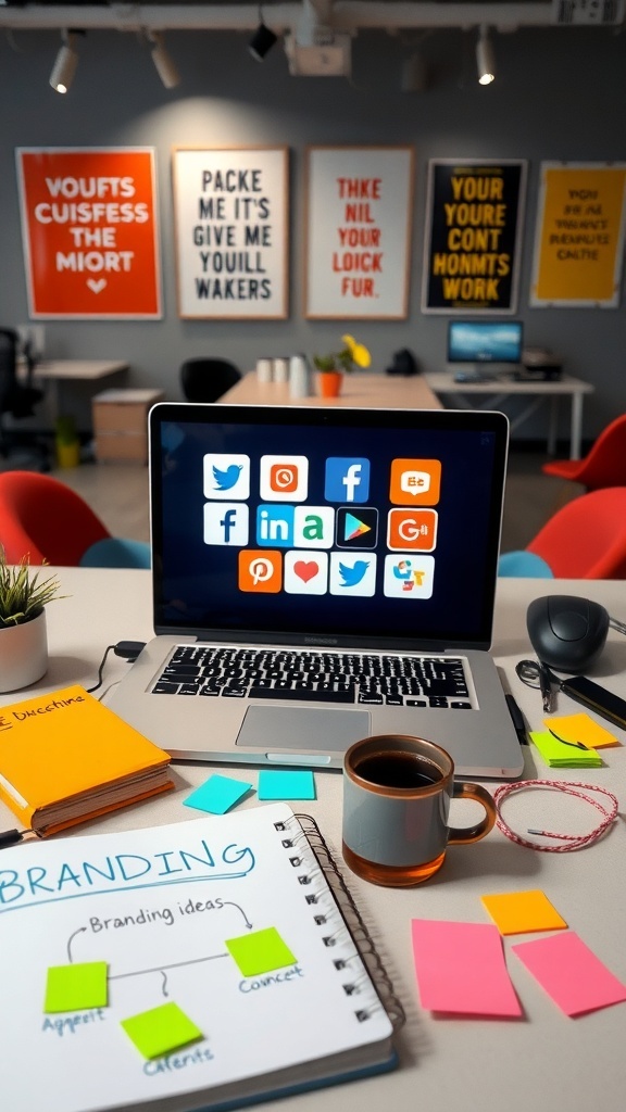 A vibrant workspace featuring a laptop with social media icons, colorful post-it notes, and a notebook labeled 'BRANDING'.