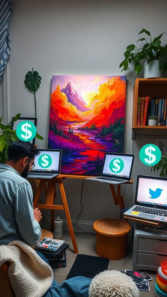 An artist working with vibrant paintings and multiple laptops in a cozy art studio