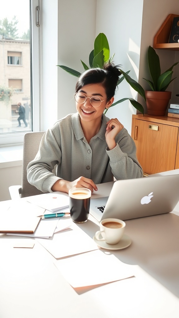A person smiling while working on a laptop at a well-organized desk with coffee and plants