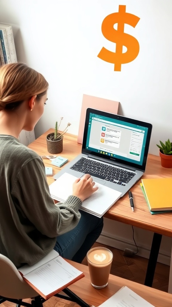 A person taking an online survey at a desk with a laptop and a coffee cup, accompanied by a dollar sign symbol.