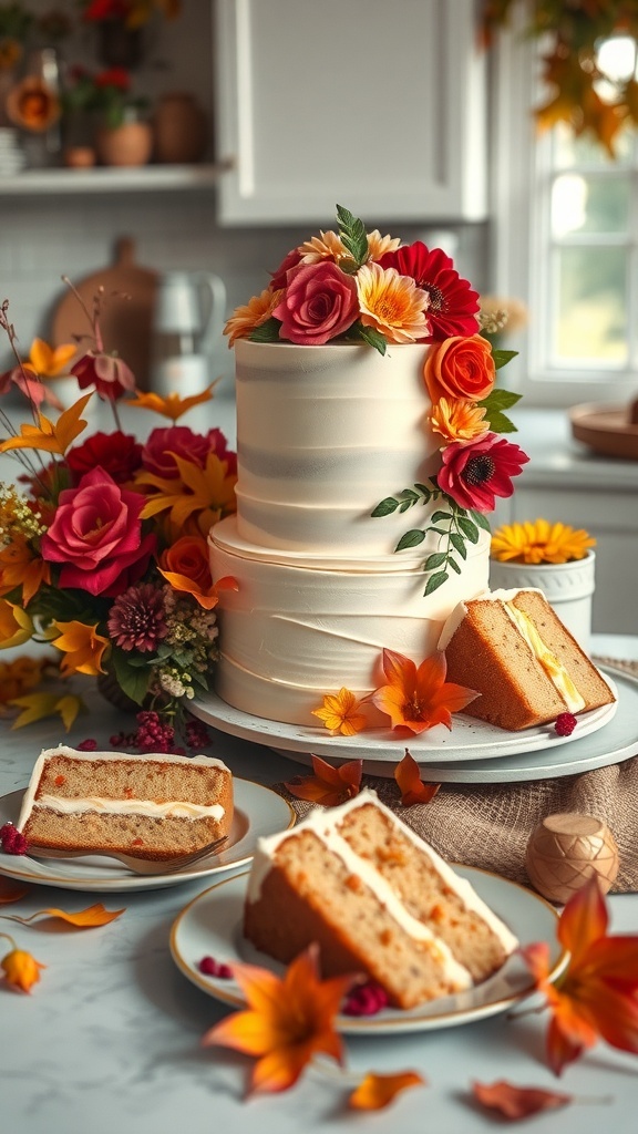 A beautifully decorated wedding cake with flowers and slices on a table.