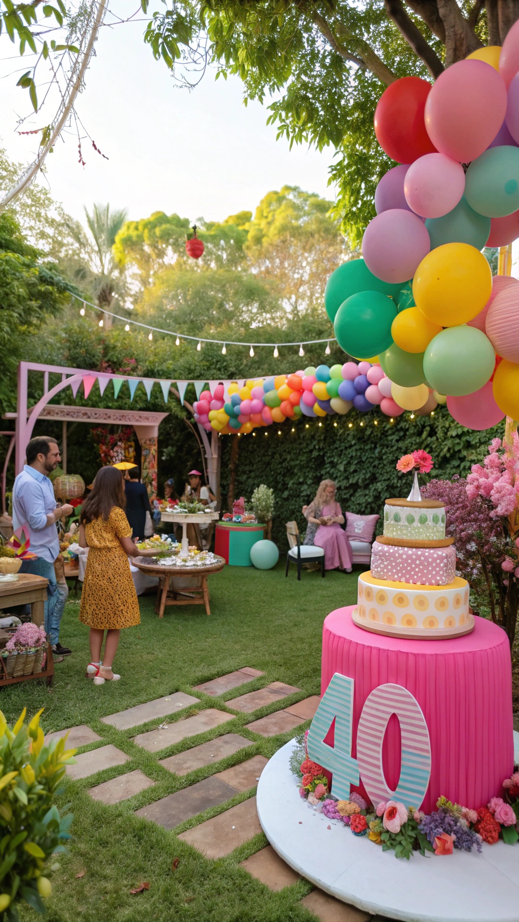 A beautifully decorated outdoor birthday party with balloons, a large cake, and guests enjoying the celebration.