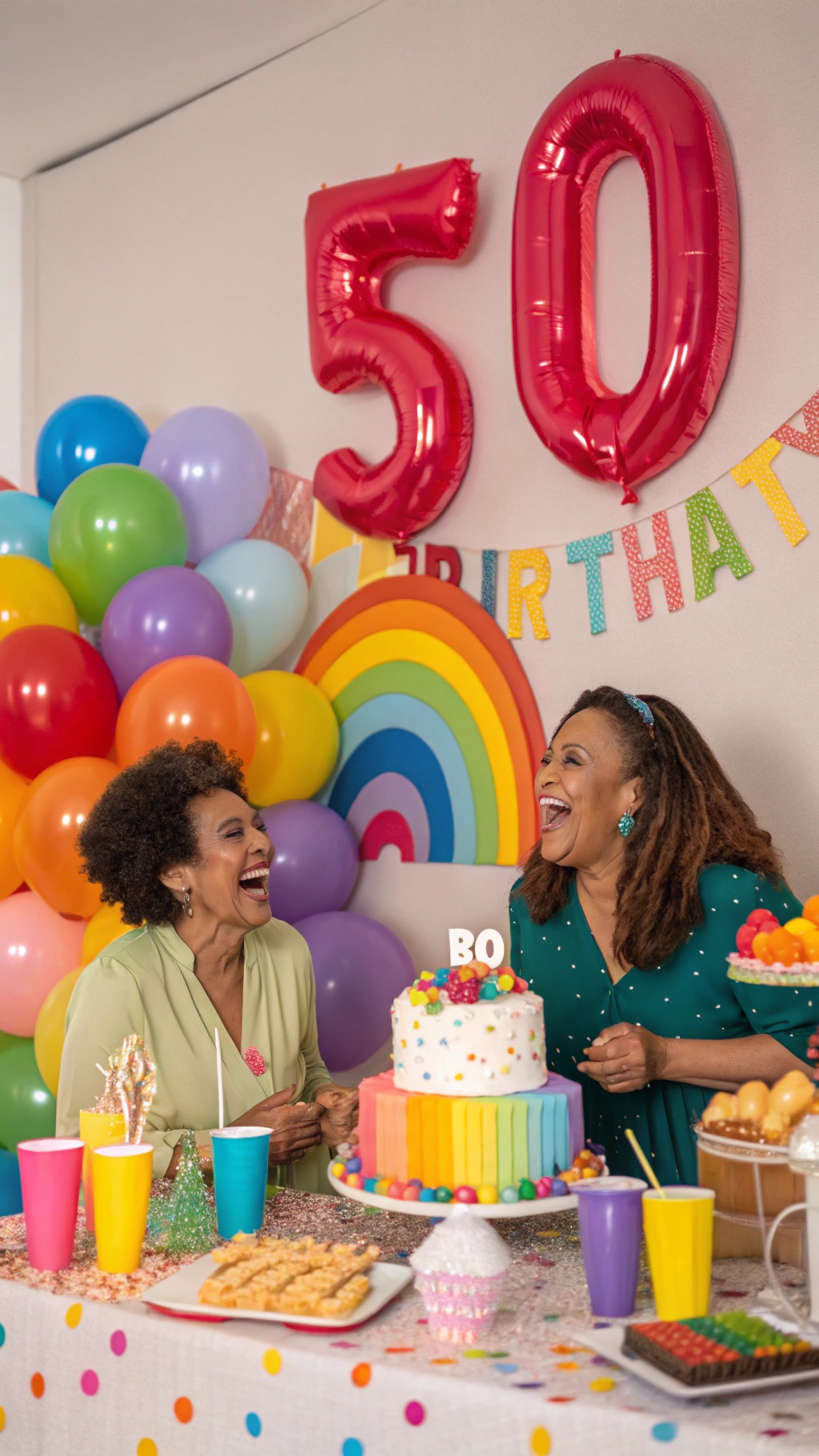 A joyful birthday celebration with colorful decorations, a cake, and happy guests.
