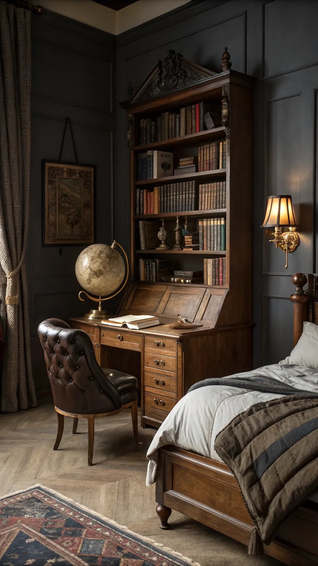 A cozy academia bedroom with a wooden desk, globe, and large bookshelf.