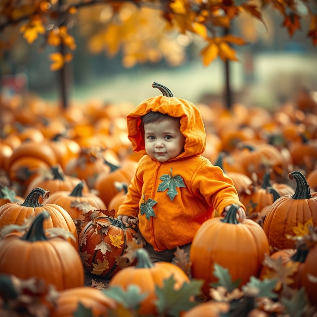 50 Spooktacular Halloween Costumes for Every Theme and Style A child in a pumpkin costume surrounded by pumpkins in an autumn setting.
