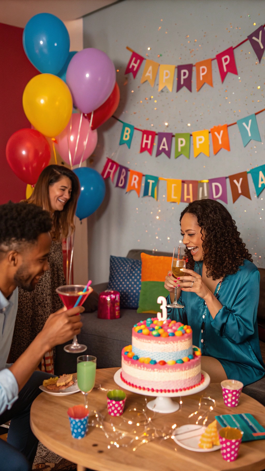 A festive adult birthday party with colorful balloons, a cake, and friends enjoying drinks.