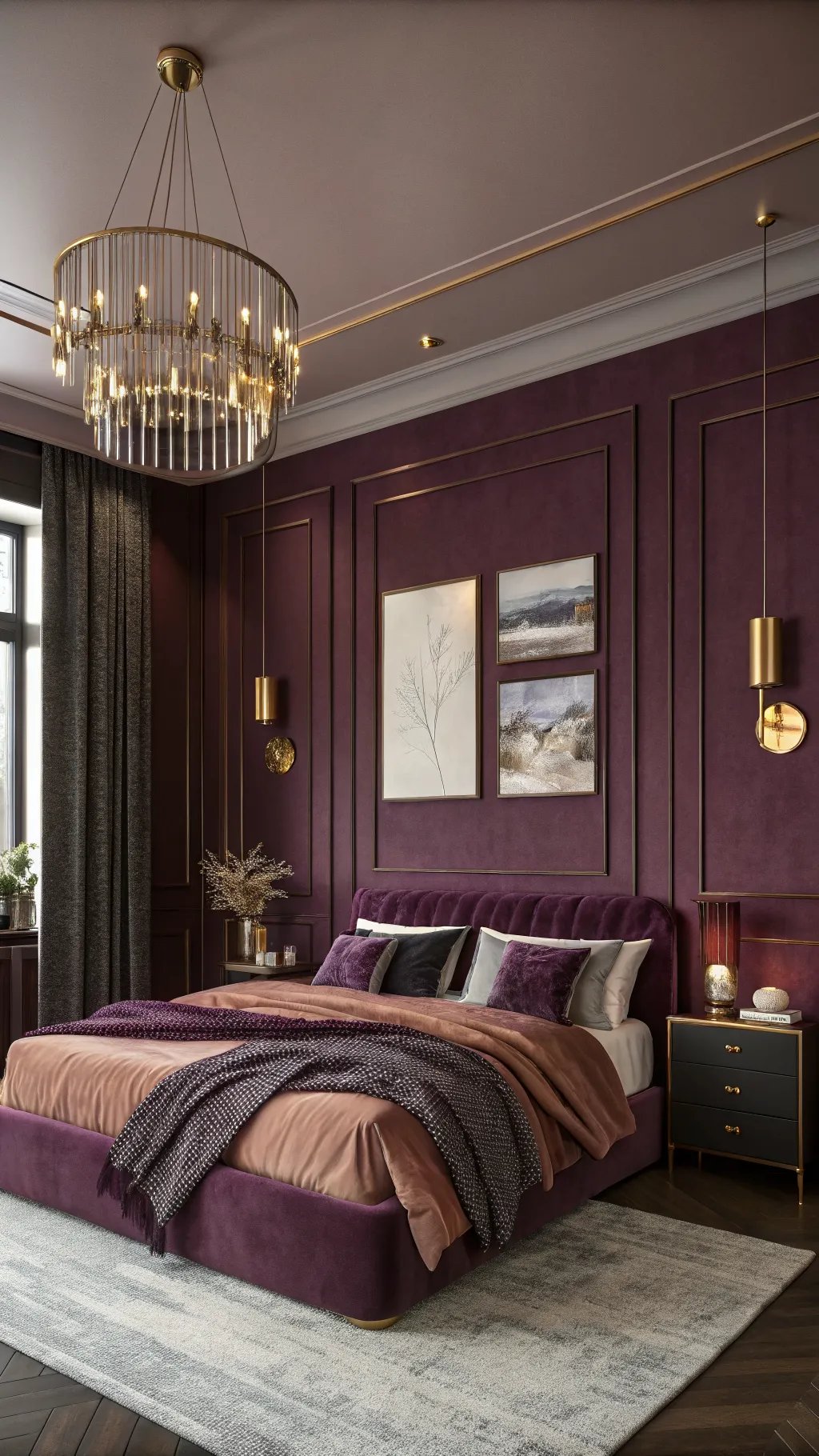 Elegant plum bedroom with stylish decor, plush bedding, and beautiful lighting.