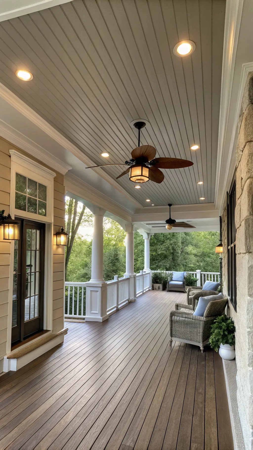 Stylish porch with a beadboard ceiling, recessed lighting, and ceiling fans.
