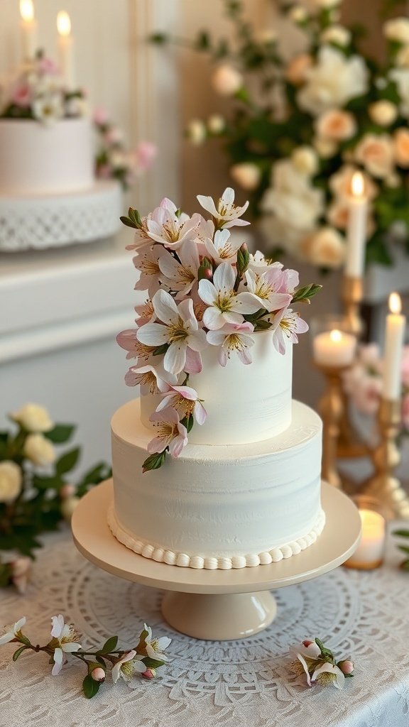 A beautifully decorated Almond Blossom Wedding Cake with delicate flowers on top.