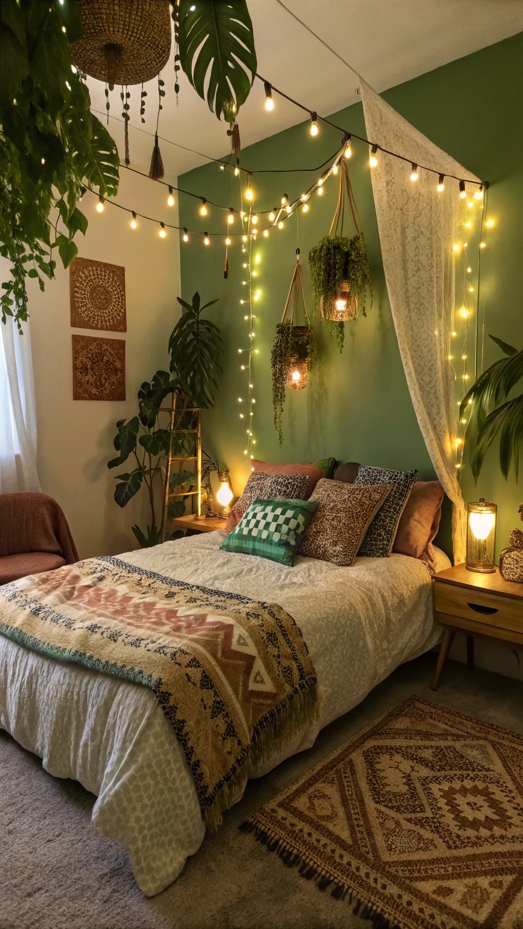 Create Your Dream Green Boho Bedroom: A Sanctuary of Style and Serenity A cozy Green Boho Bedroom with warm string lights, plants, and earthy decor.