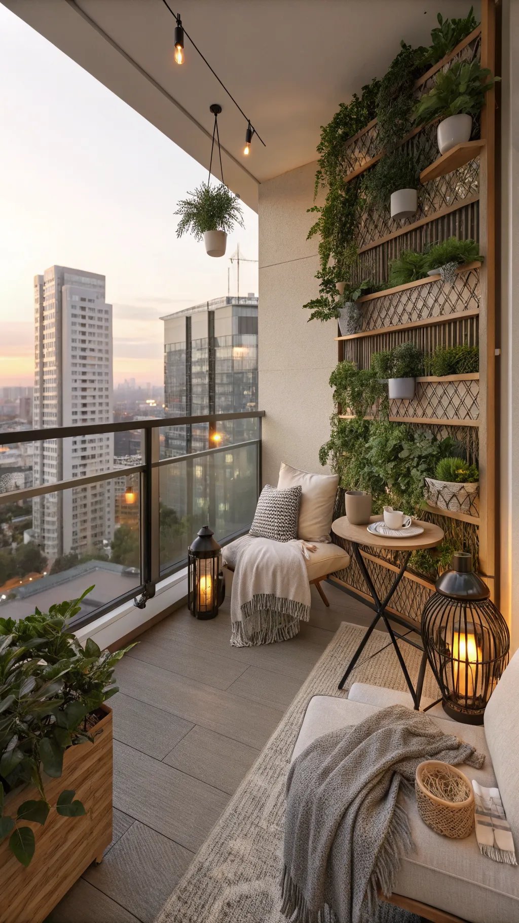 Cozy apartment balcony with greenery and soft lighting