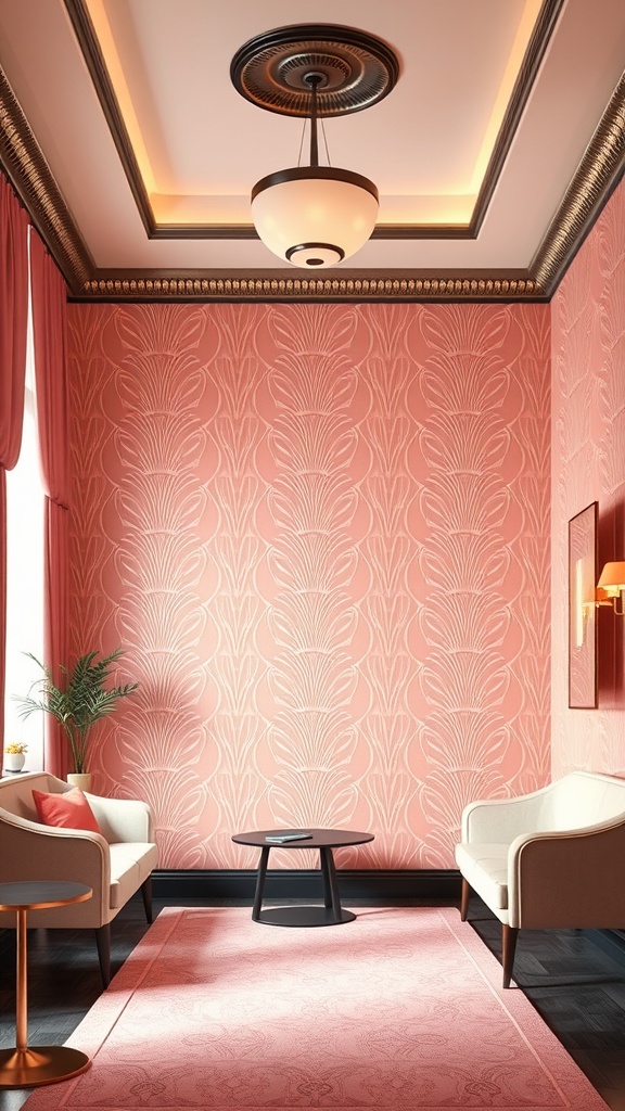 A cozy room with light pink Art Deco inspired wallpaper featuring floral patterns, two armchairs, a small table, and a stylish ceiling light.