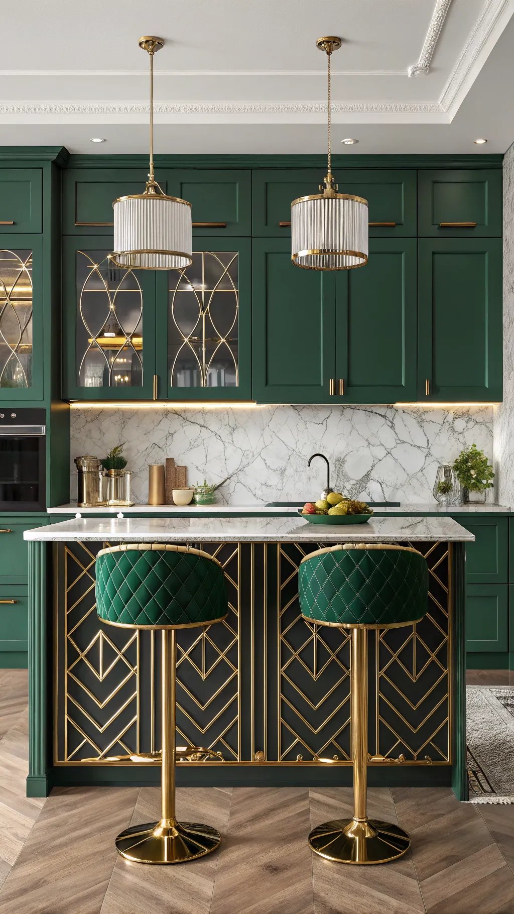 A beautiful Art Deco kitchen featuring deep green cabinets, gold accents, and stylish bar stools.
