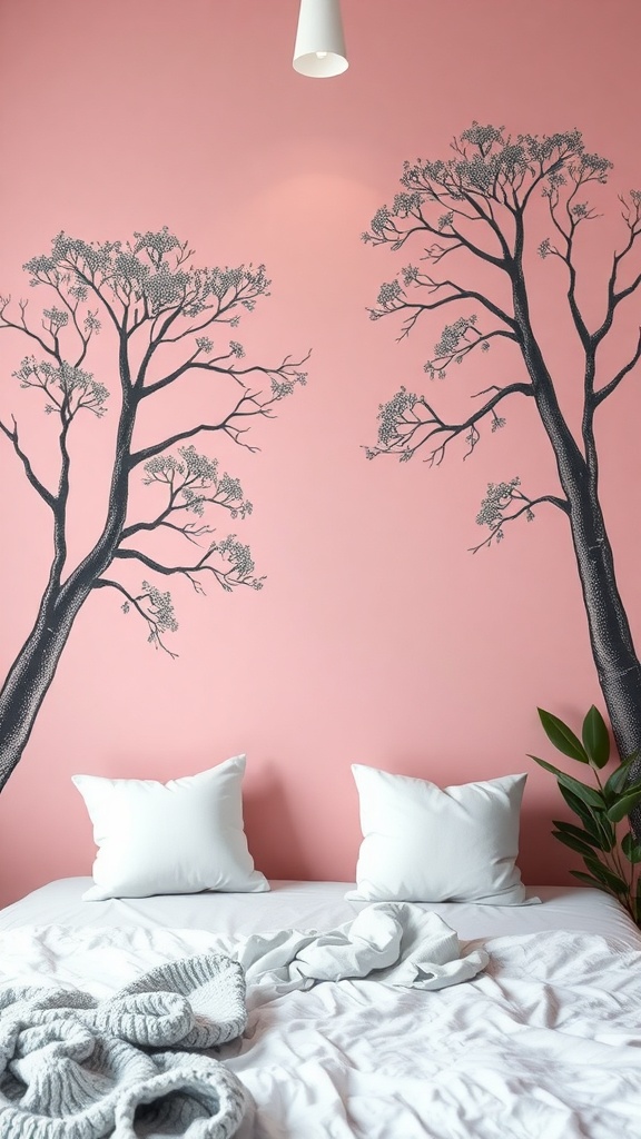 A cozy bedroom with light pink wallpaper featuring artistic black tree murals, white pillows, and a plant.