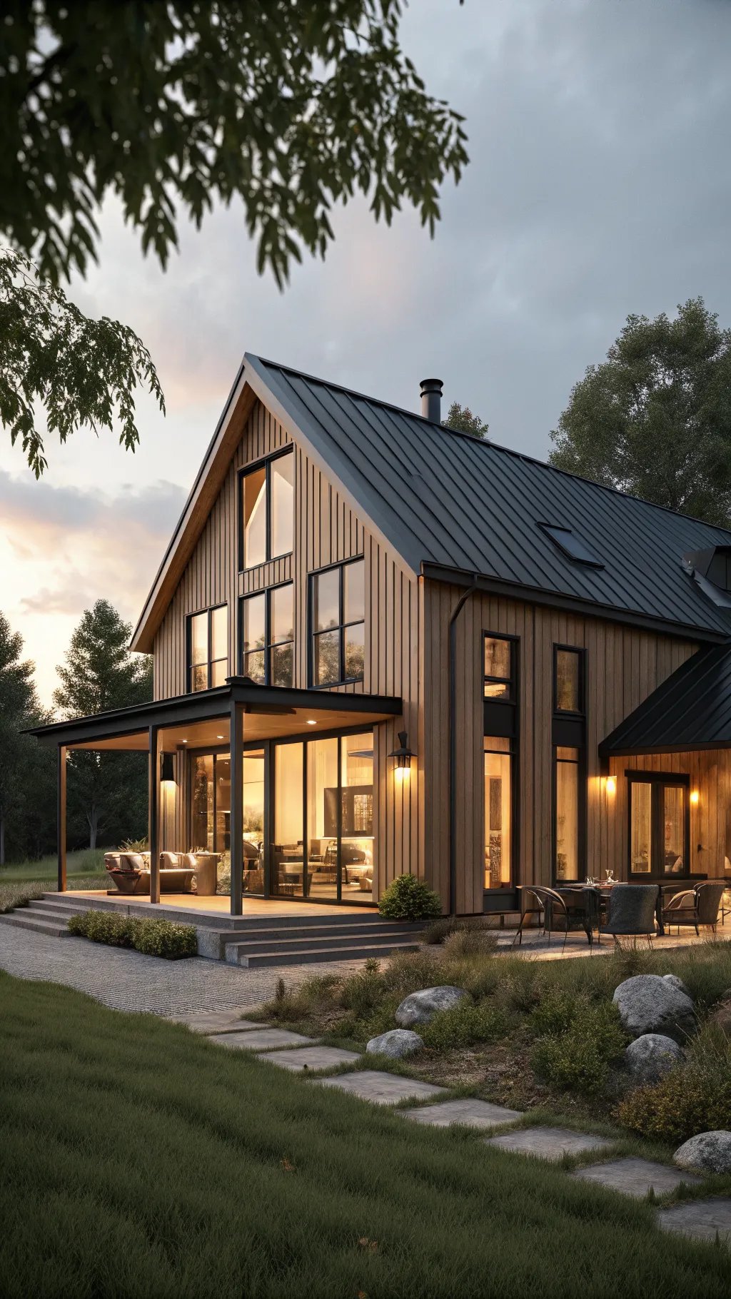 A barn-style house with large windows and a metal roof set in a lush green landscape.