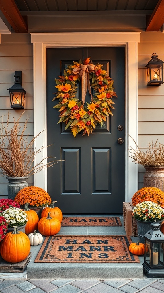 A fall-themed door decor with a wreath, pumpkins, and chrysanthemums