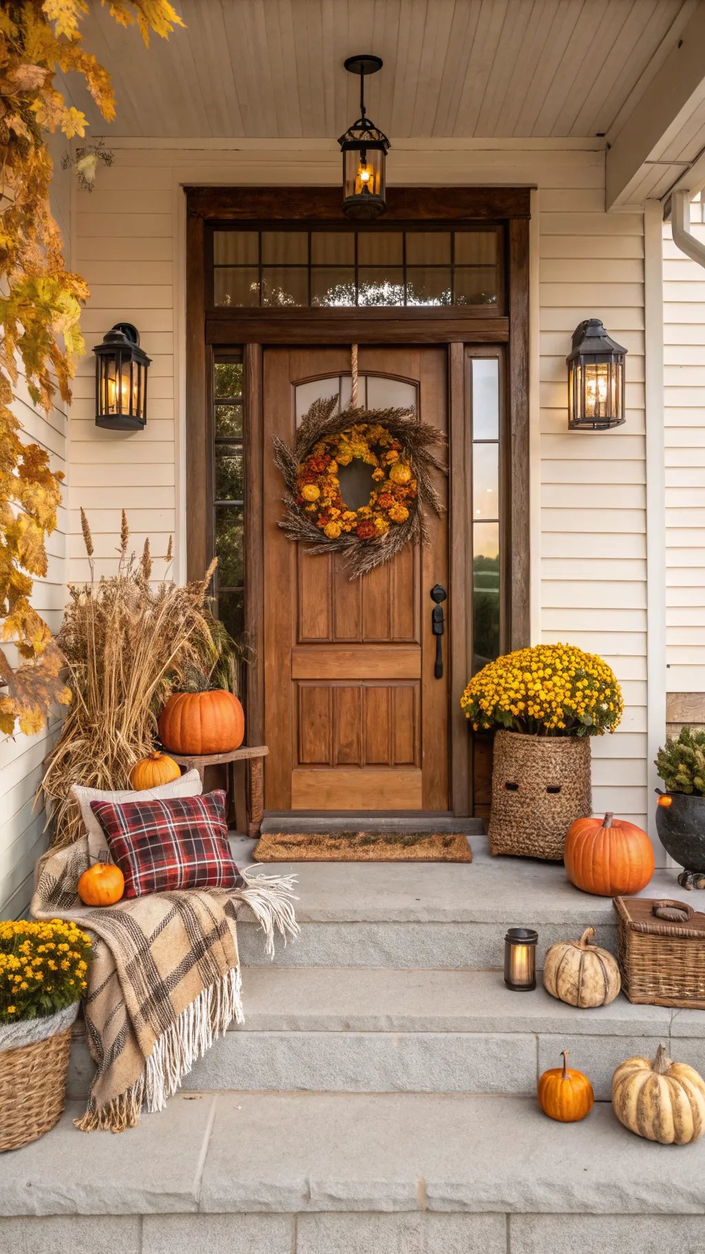 A cozy fall front porch decorated with pumpkins, flowers, and a warm wreath.