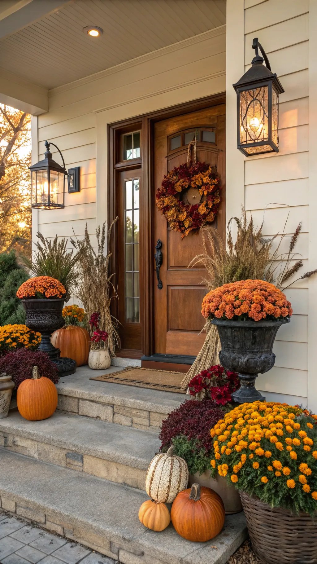 Beautiful fall front porch with planters, pumpkins, and wreath.