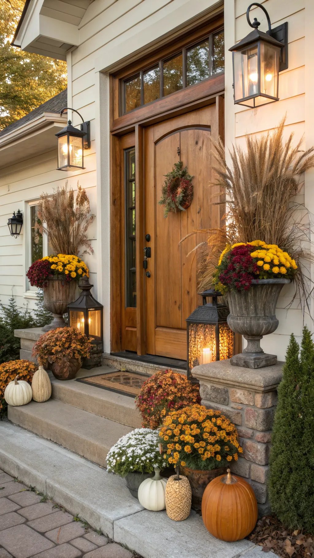 Beautiful fall front porch with planters, pumpkins, and warm lighting