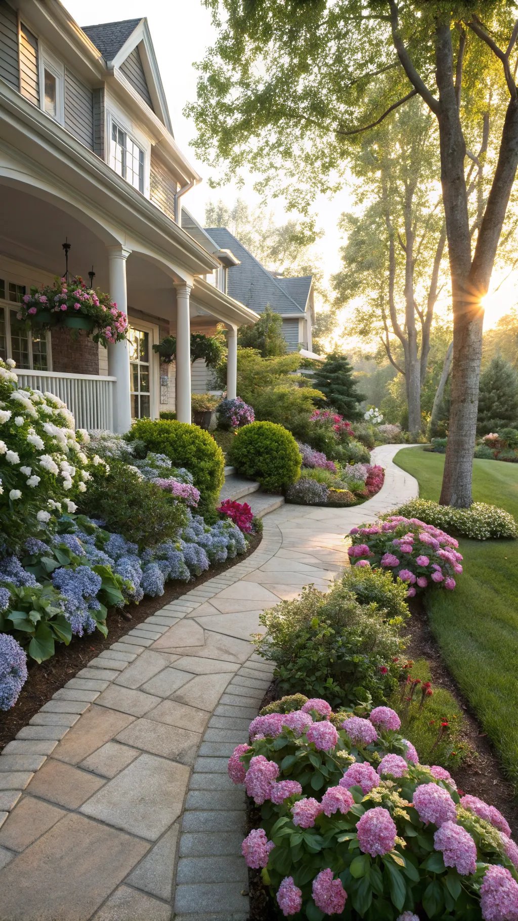 Beautiful front yard garden with colorful flowers along a stone path and a welcoming porch.