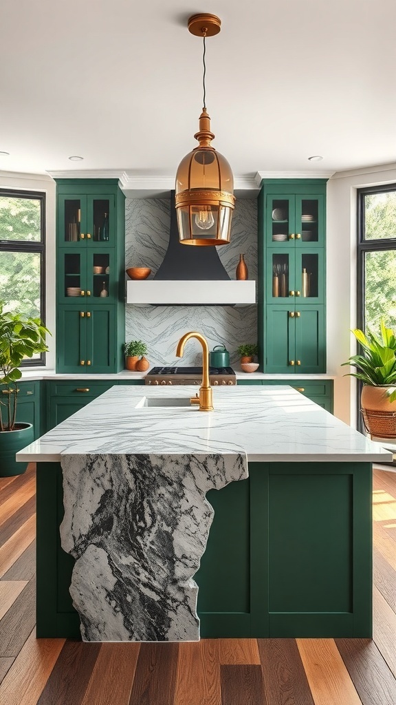 Stylish kitchen with green cabinets, marble countertop, and modern lighting.