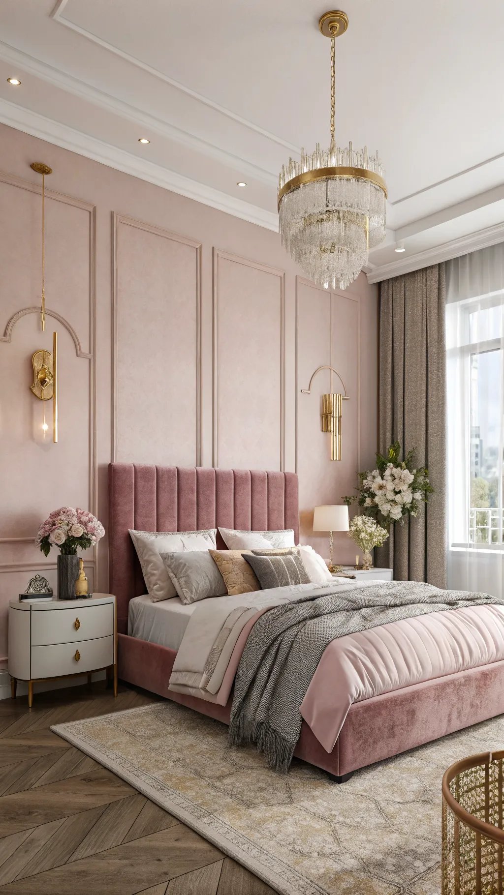 Elegant pink bedroom design with chandelier and modern decor.