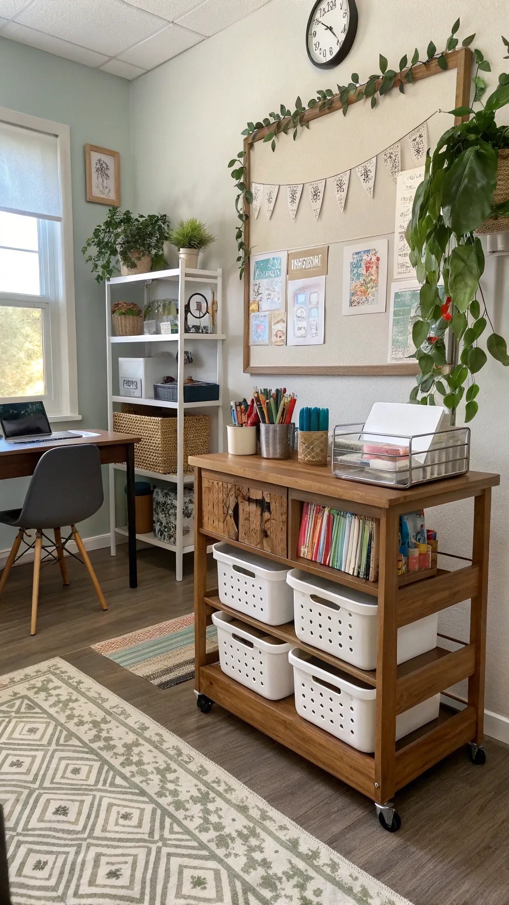 A well-organized teacher desk area with a wooden desk, open shelving, plants, and decorative wall elements.