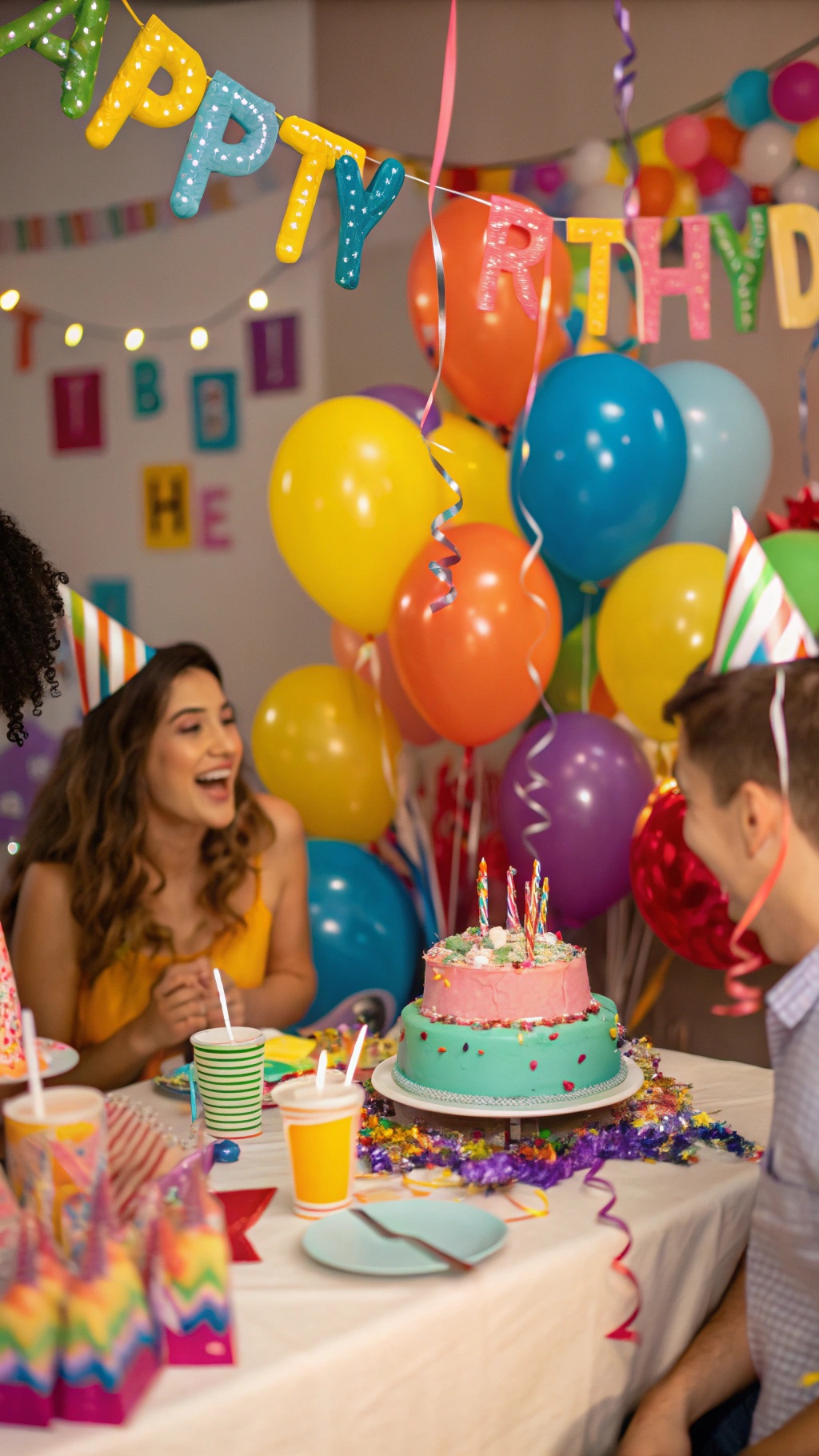 A colorful birthday party setup with balloons, a cake, and festive decorations.
