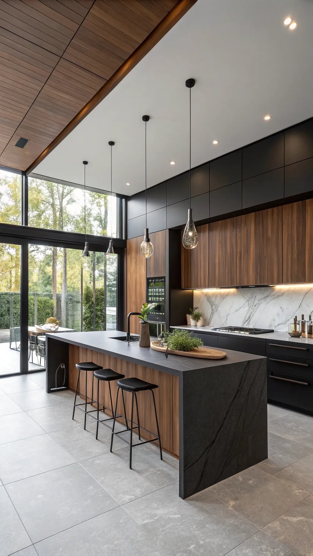 Modern kitchen with black cabinets and wood accents, featuring large windows and sleek design elements.