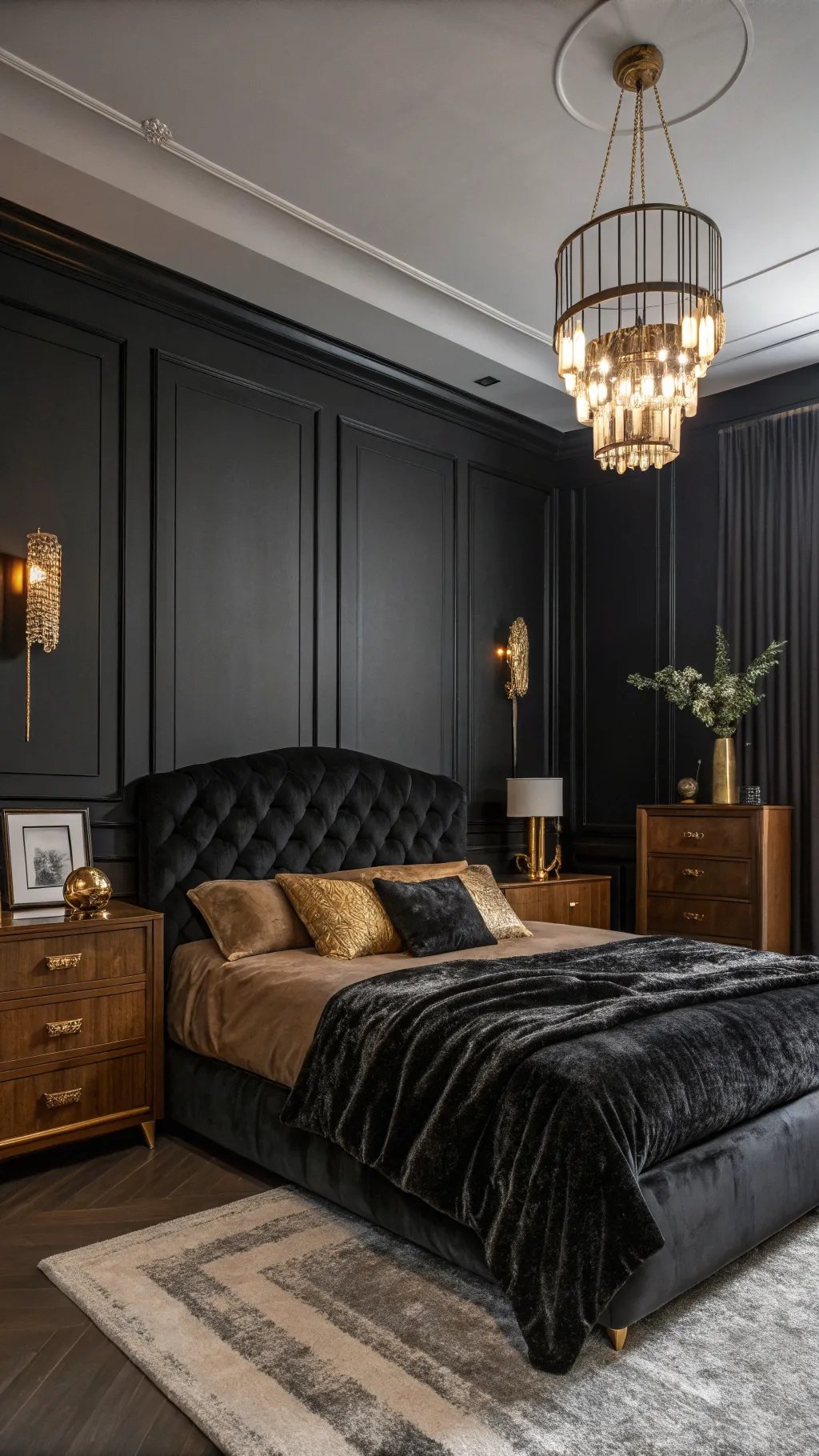 Luxurious black bedroom with gold accents and chandelier