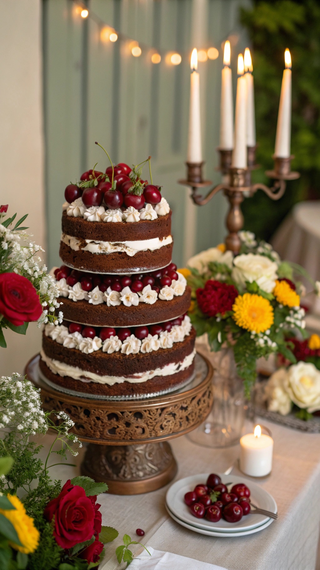 A three-tiered Black Forest wedding cake decorated with cherries and whipped cream, surrounded by flowers and candles.