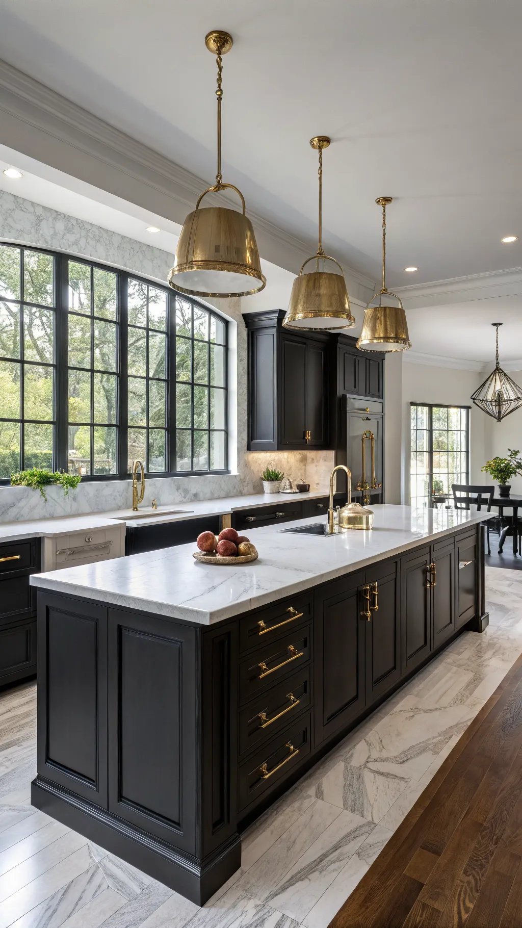 A modern kitchen with black cabinets and marble countertops, featuring golden hardware and large windows.
