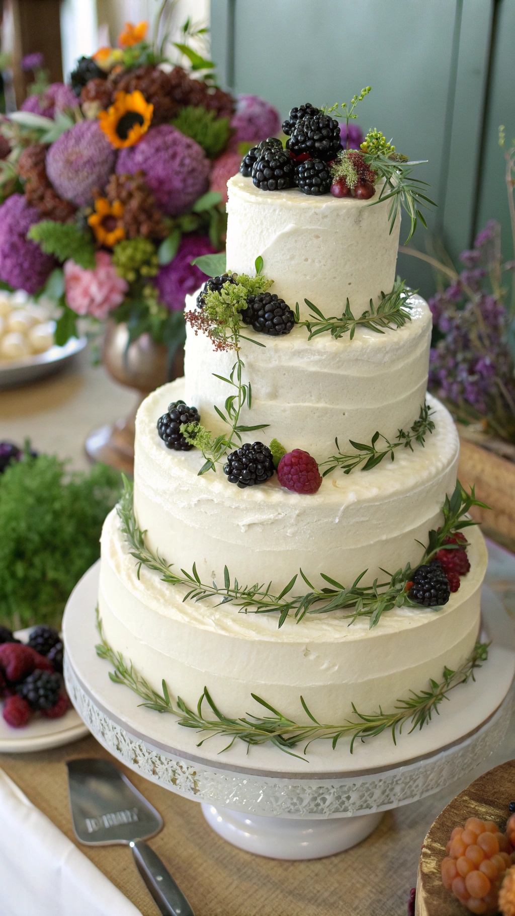 A three-tiered wedding cake decorated with blackberries and thyme.