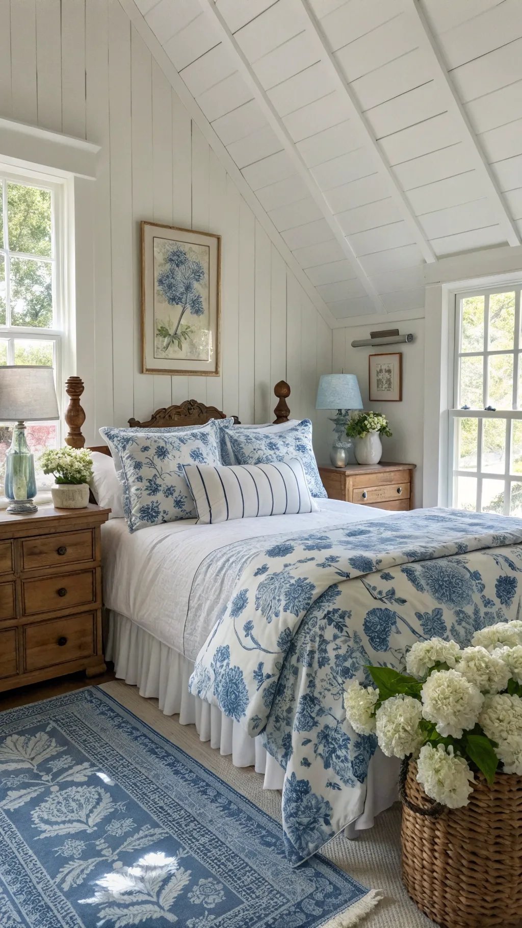 A cozy blue and white cottage bedroom featuring floral bedding and natural light.