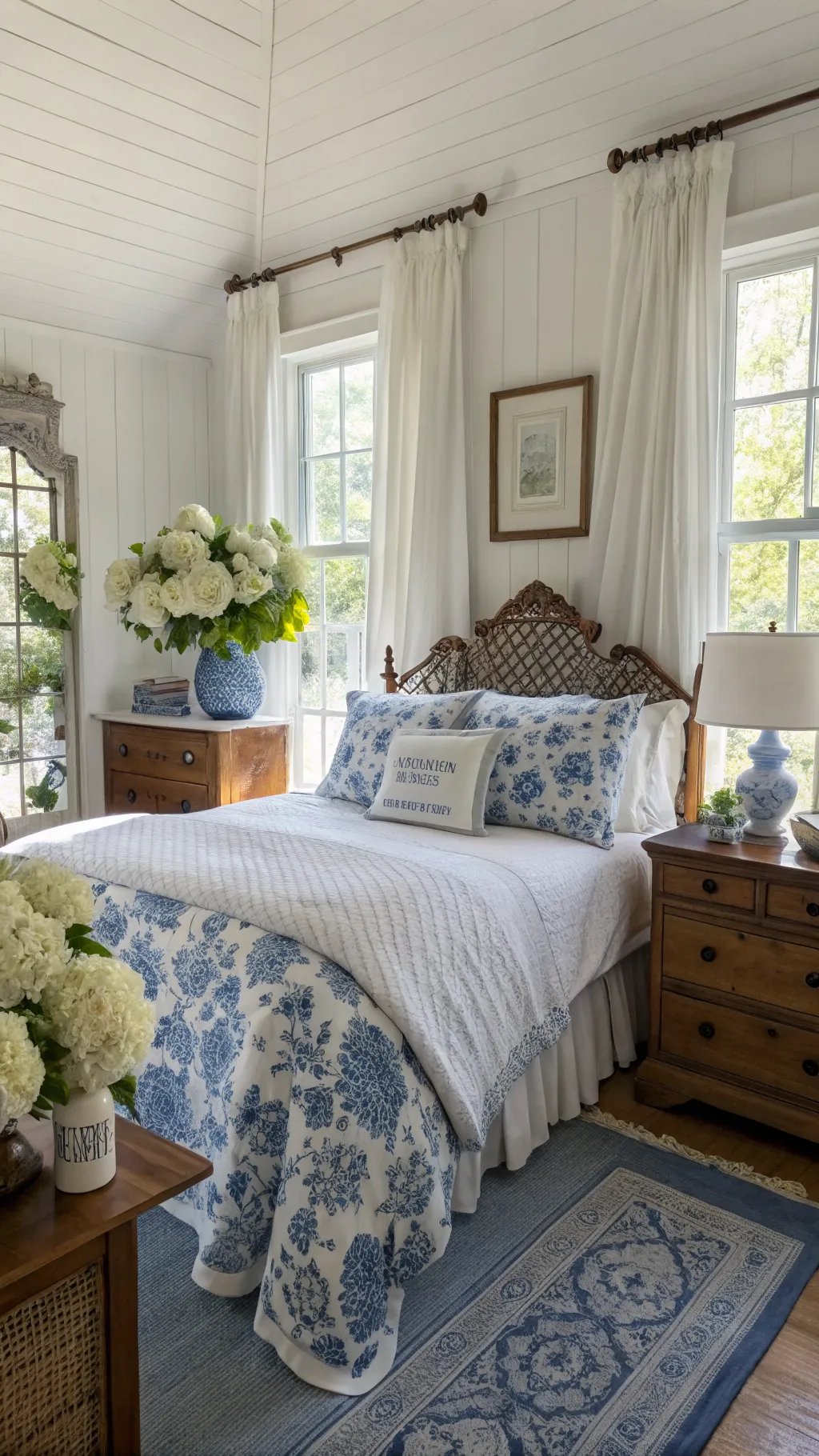 Cozy blue and white cottage bedroom with floral bedding and hydrangeas