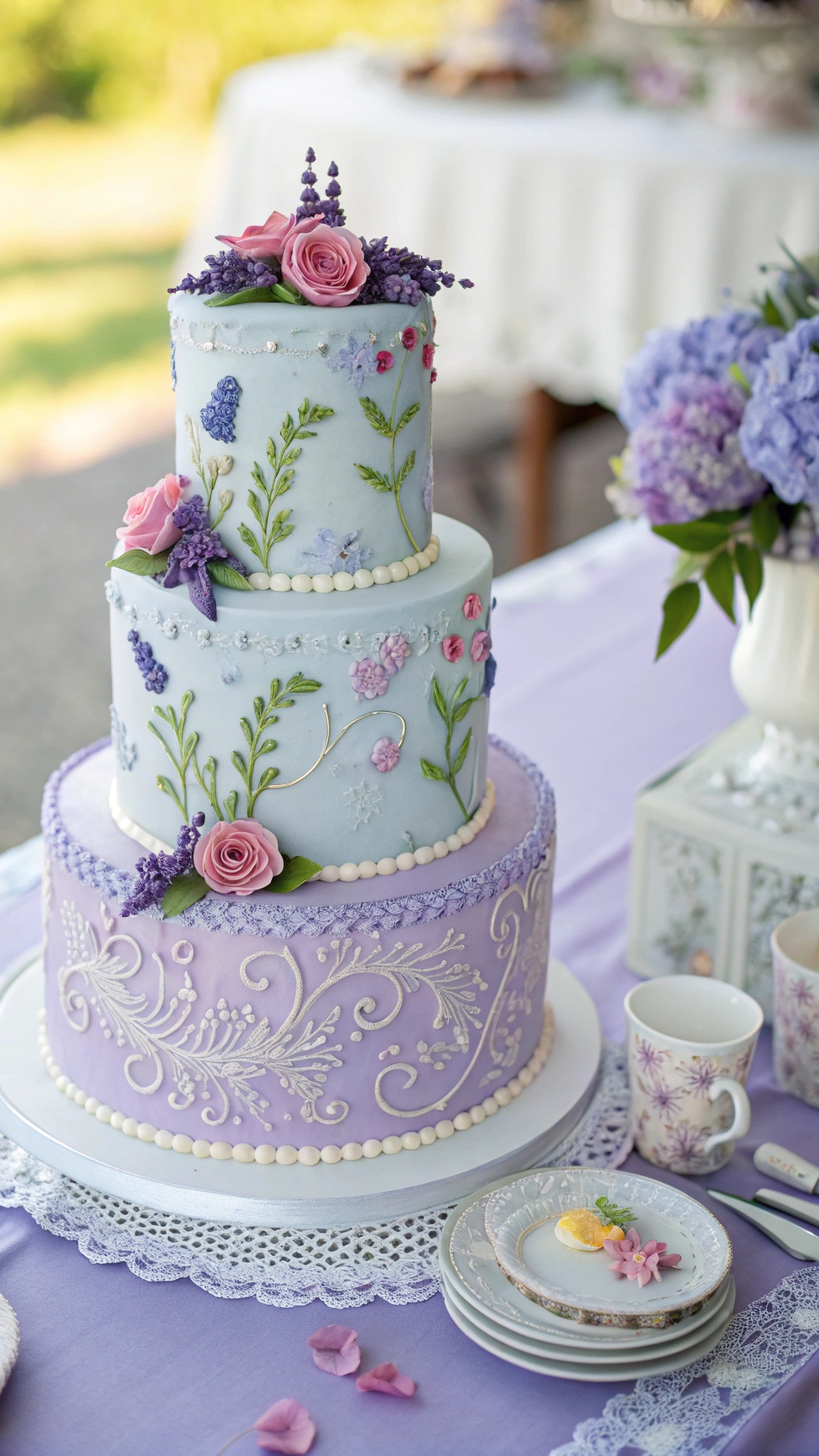 A three-tiered blueberry lavender wedding cake decorated with flowers and intricate icing designs.