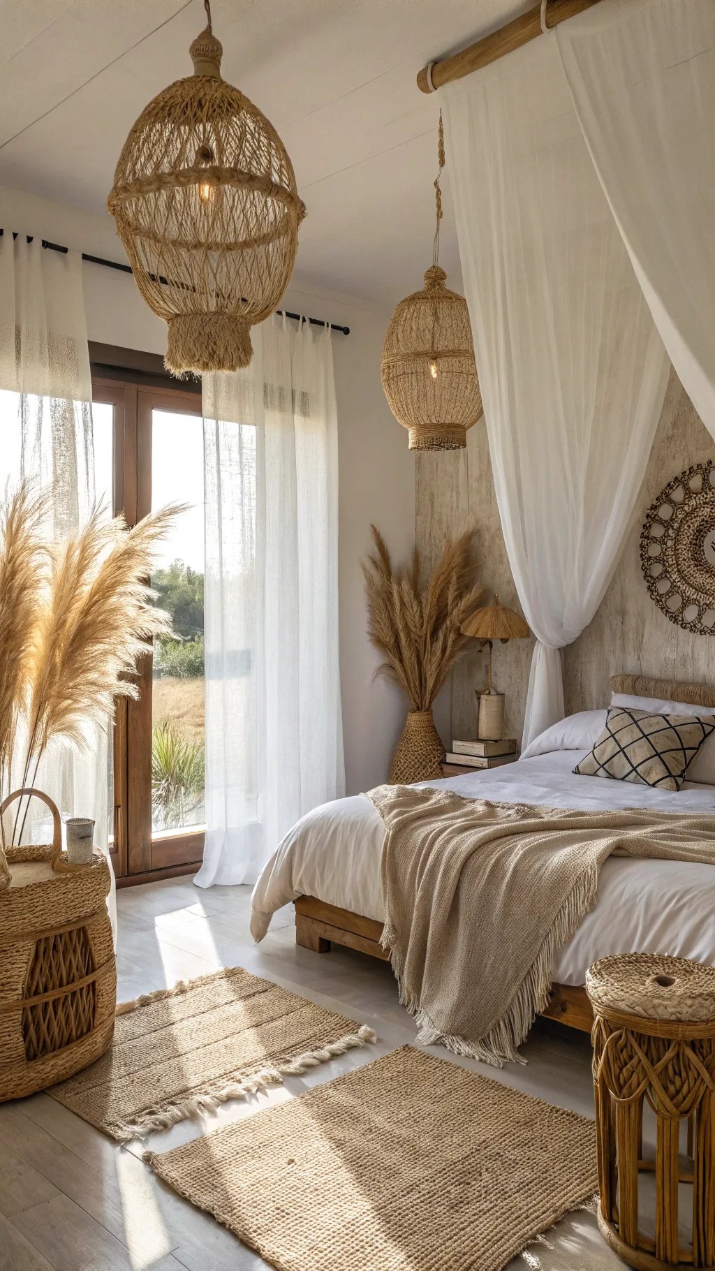 Boho bedroom featuring sheer curtains, natural light, woven elements, and a cozy aesthetic.